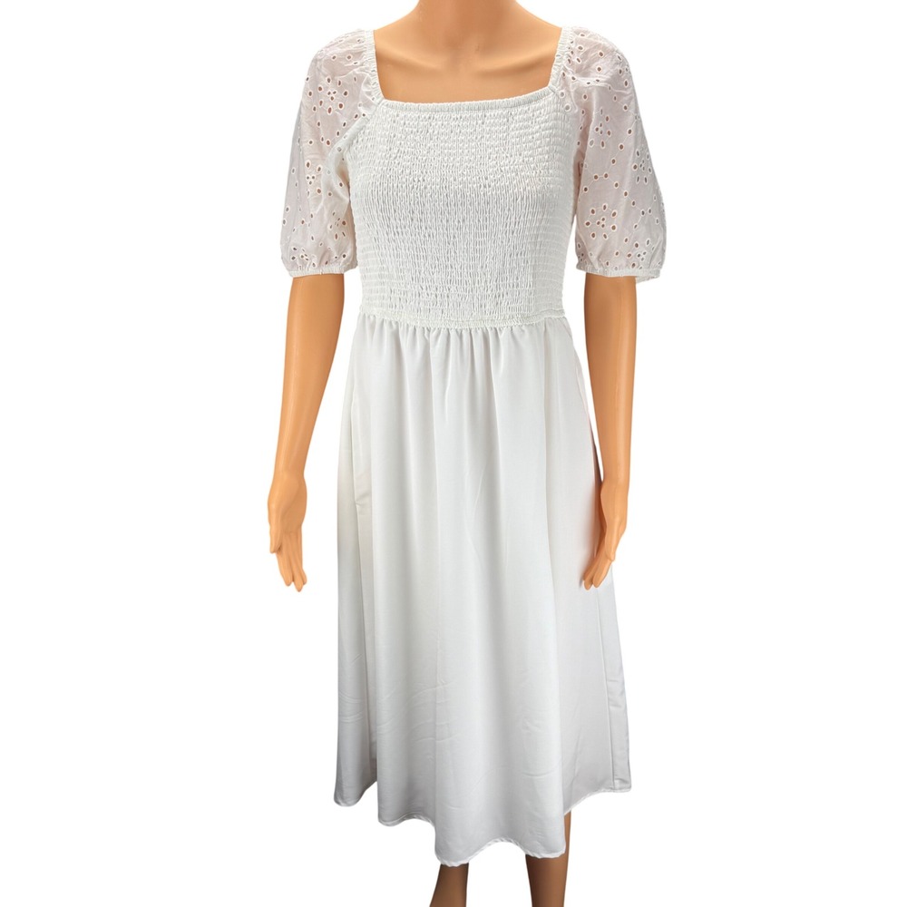 Maurices White Smocked Eyelet Puff Sleeve Midi Dress Square Neck Small Fairycore